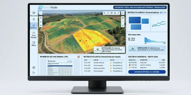 Dashboard de una plataforma SaaS agrícola con mapas y analítica